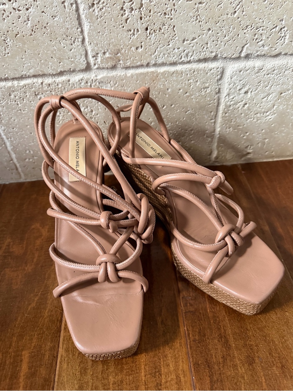 ANTONIO MELANI Blush Leather Rope-Wrap Wedge Sandals